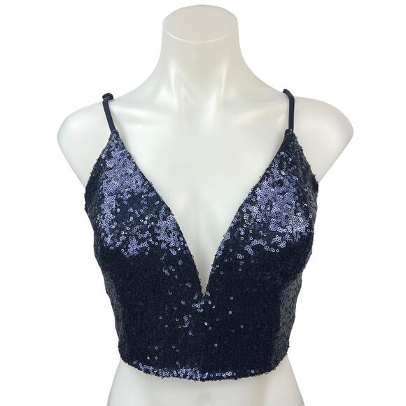 Solemio Blue Sequin Sparkly Plunge V Sleeveless Clubwear Party Crop Top Size M - Picture 1 of 5